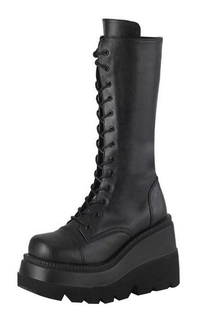 Punk Biker Boots Sexy Buckle Womens winter high boots Leather Block Heel Gothic Black Punk Style Platform Shoes