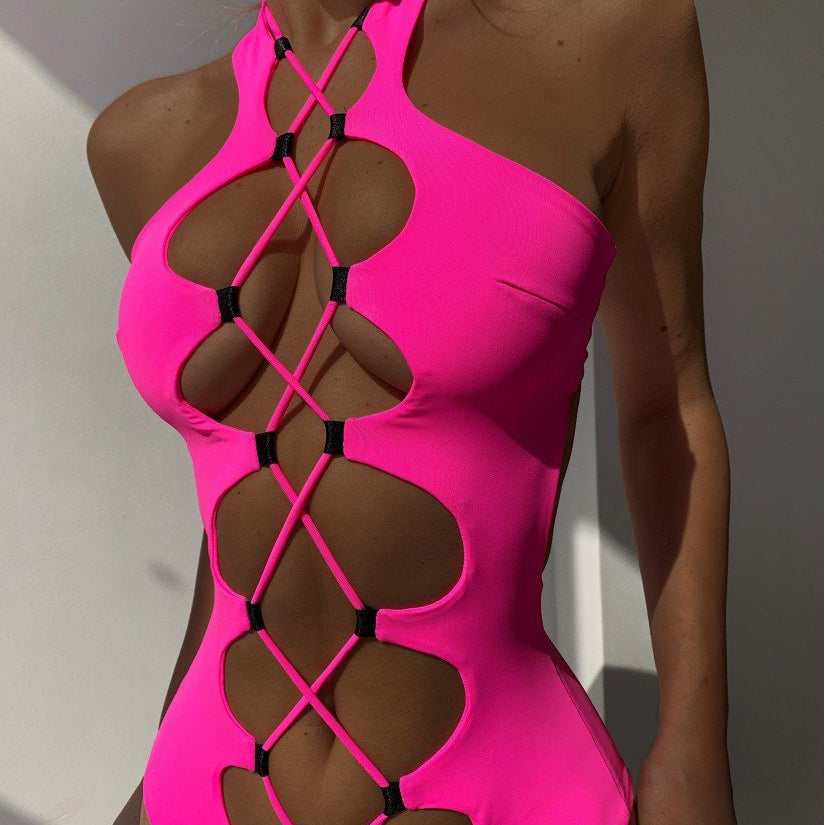 Hollow Out Lace up Swimwear Women 2022 High Neck Solid Cut Out Backless Monokini
