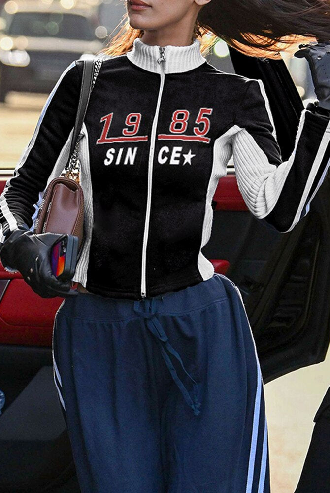 Ashore Shop Zip Up Moto & Biker Racing Jackets Women Techwear Contrast Stitched Patchwork Full Sleeve Crop Jacket