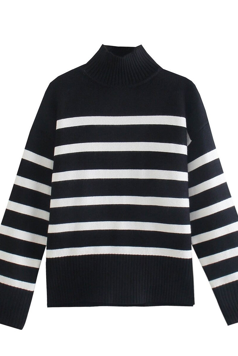Women 2022 Black Striped Half High Collar Sweater Loose Pullovers