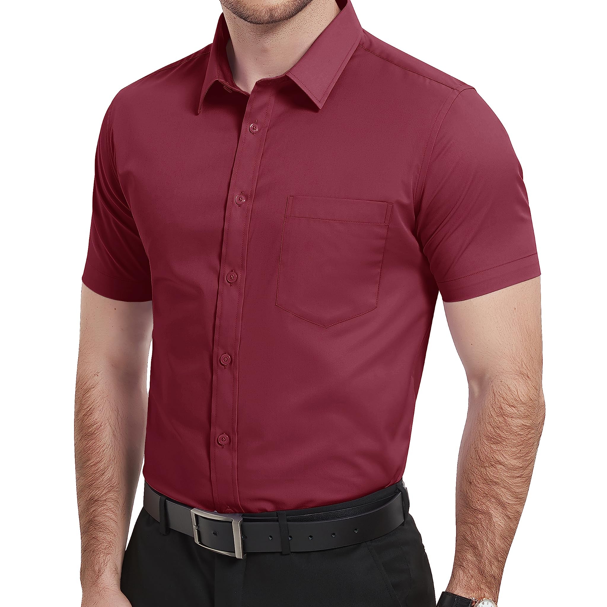 Ashore men's Shop: Mens Modern Strech Breathable Short Sleeve Dress Shirts Mens Slim Fit Casual Business Button Down Formal Shirt W/ Chest Pocket Male Cloth