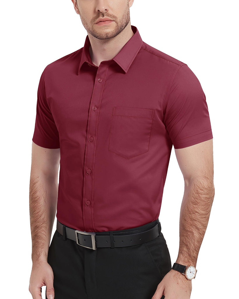 Ashore men's Shop: Mens Modern Strech Breathable Short Sleeve Dress Shirts Mens Slim Fit Casual Business Button Down Formal Shirt W/ Chest Pocket Male Cloth