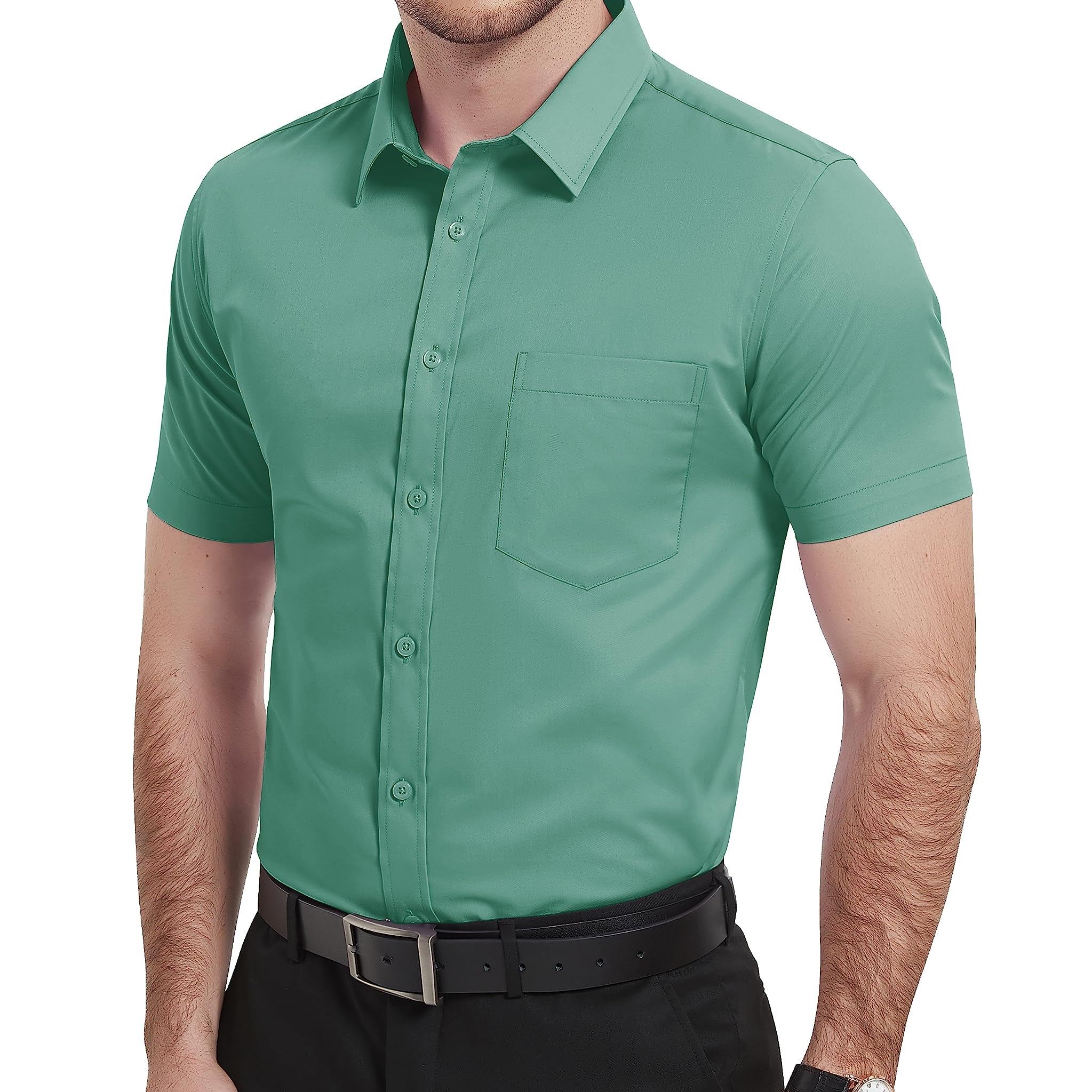 Ashore men's Shop: Mens Modern Strech Breathable Short Sleeve Dress Shirts Mens Slim Fit Casual Business Button Down Formal Shirt W/ Chest Pocket Male Cloth