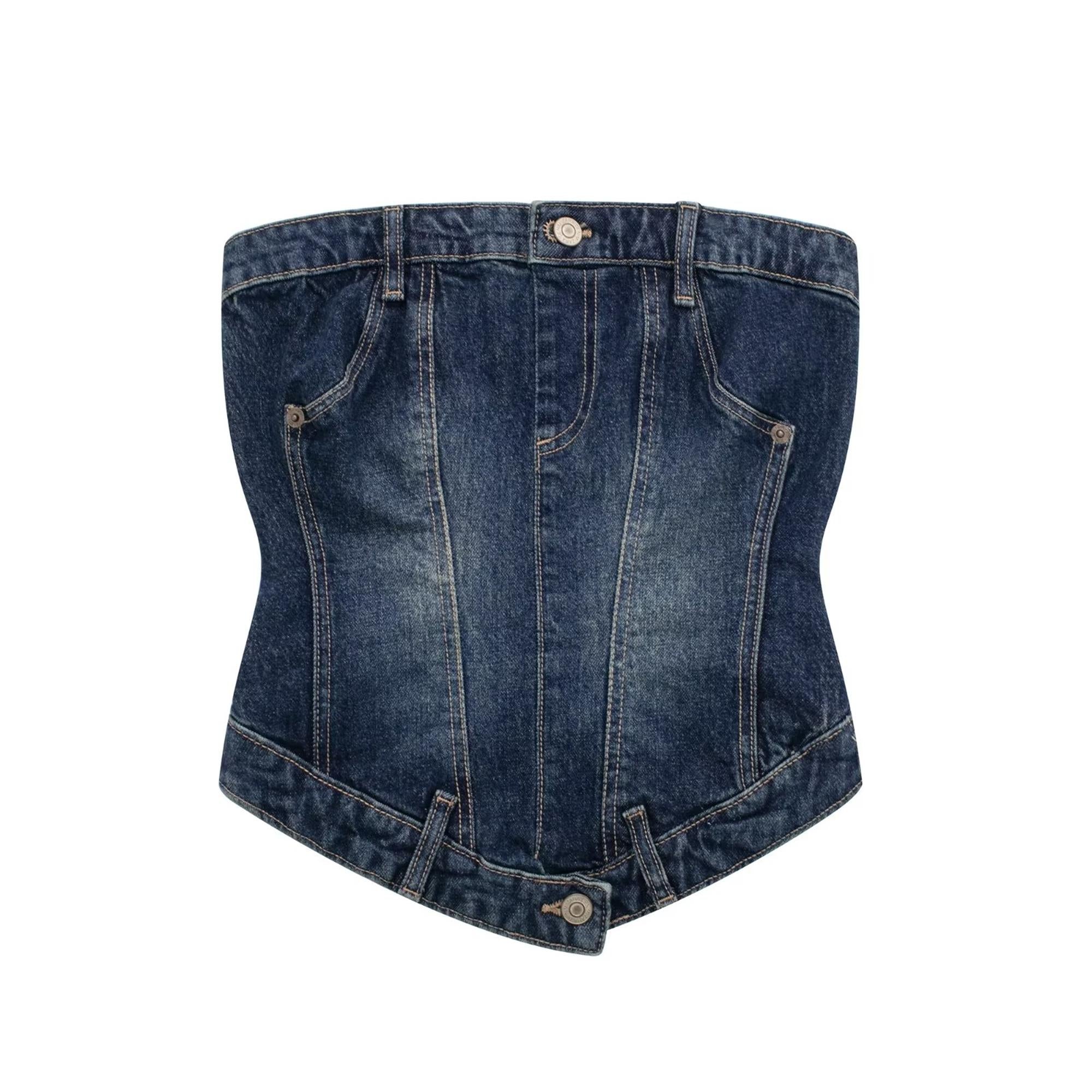 ASHORE SHOP: DOUBLE DENIM Woman Denim Corset Wrap Chest Tops Casual Backless Sleeveless Sexy Back Zipper Summer Causal Sling Tops