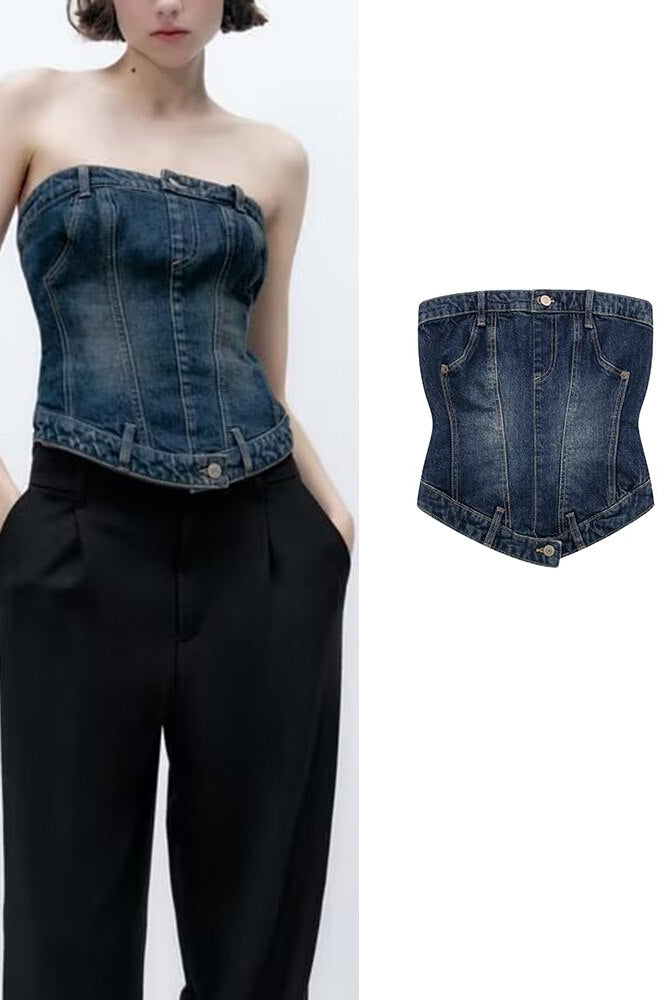ASHORE SHOP: DOUBLE DENIM Woman Denim Corset Wrap Chest Tops Casual Backless Sleeveless Sexy Back Zipper Summer Causal Sling Tops