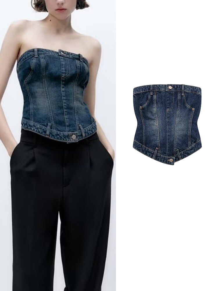 ASHORE SHOP: DOUBLE DENIM Woman Denim Corset Wrap Chest Tops Casual Backless Sleeveless Sexy Back Zipper Summer Causal Sling Tops