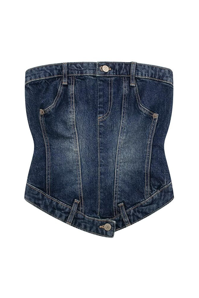 ASHORE SHOP: DOUBLE DENIM Woman Denim Corset Wrap Chest Tops Casual Backless Sleeveless Sexy Back Zipper Summer Causal Sling Tops
