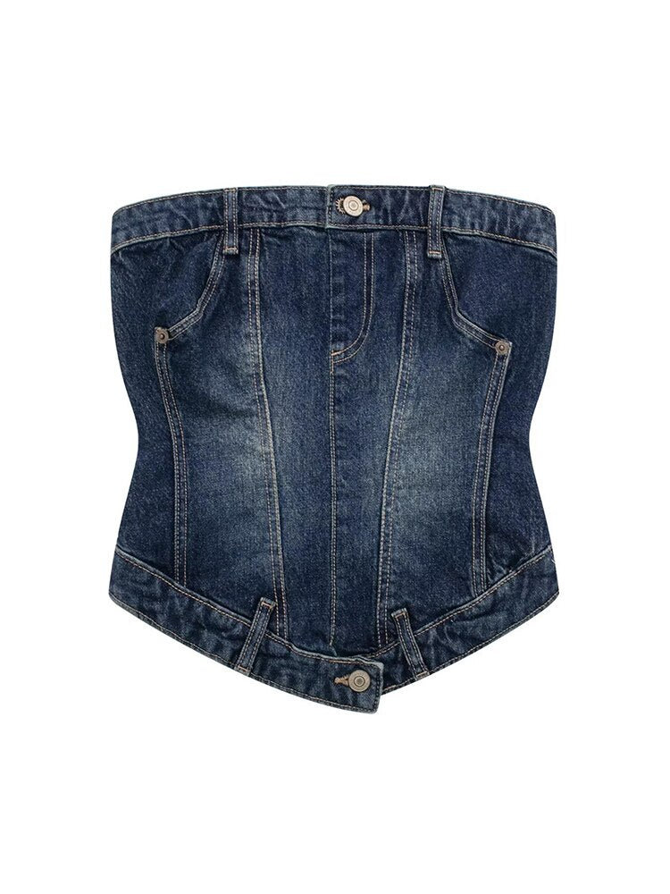 ASHORE SHOP: DOUBLE DENIM Woman Denim Corset Wrap Chest Tops Casual Backless Sleeveless Sexy Back Zipper Summer Causal Sling Tops
