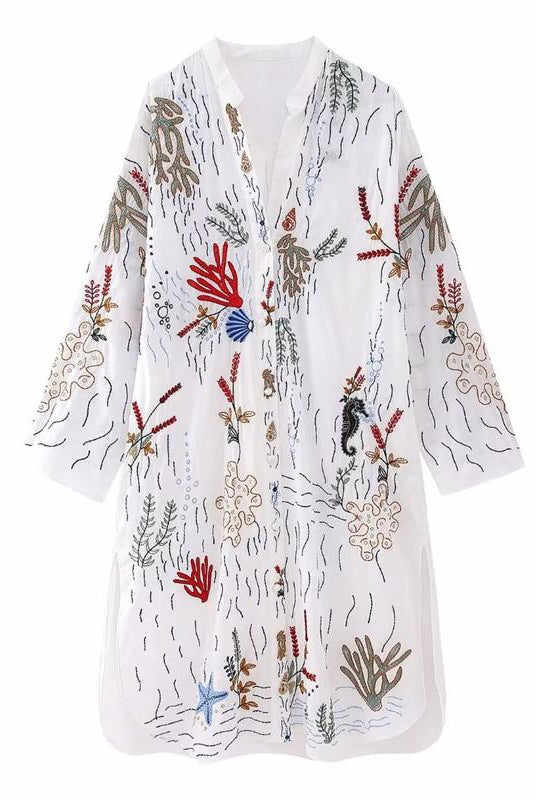 ASHORE SHOP Women Embroidery Long Dress 2023 New Round Neck Single Breasted Long Sleeve