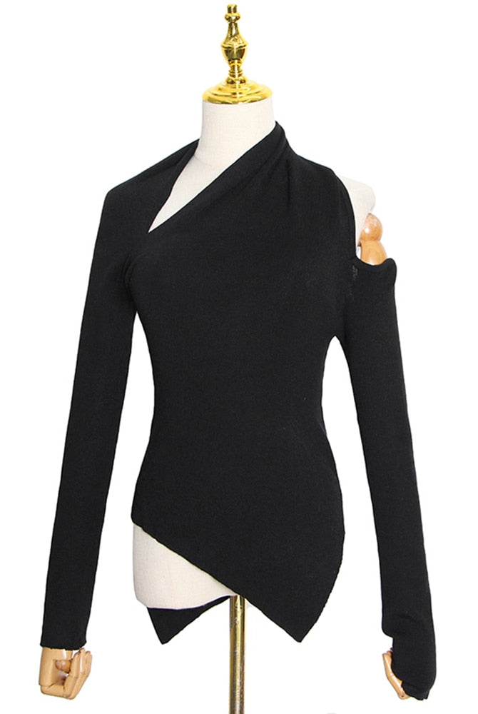 ASHORE Shop Black Sweater For Women Irregular Collar Long Sleeve One Off Shouder Hollow Out Knitted Sweaters Female