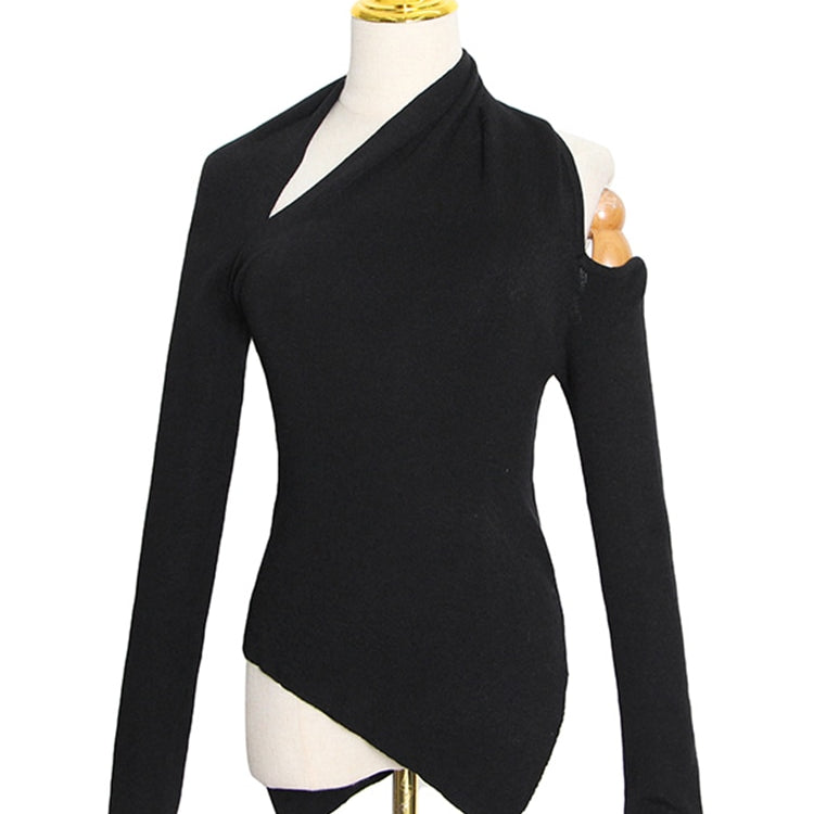 ASHORE Shop Black Sweater For Women Irregular Collar Long Sleeve One Off Shouder Hollow Out Knitted Sweaters Female