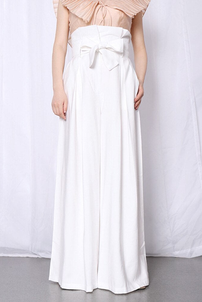 Casual Loose Women Full Length Pants High Waist Ruffle Pleated Wide Leg Pant