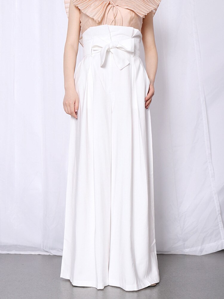 Casual Loose Women Full Length Pants High Waist Ruffle Pleated Wide Leg Pant