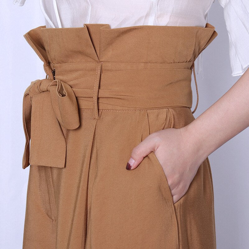 Casual Loose Women Full Length Pants High Waist Ruffle Pleated Wide Leg Pant