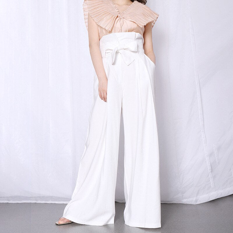 Casual Loose Women Full Length Pants High Waist Ruffle Pleated Wide Leg Pant