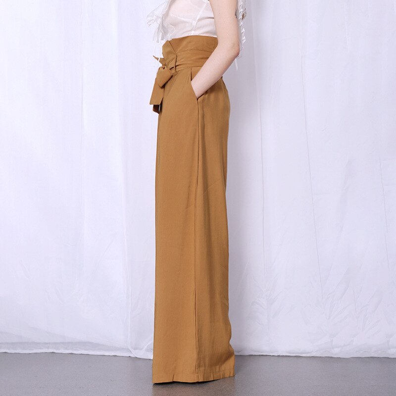Casual Loose Women Full Length Pants High Waist Ruffle Pleated Wide Leg Pant