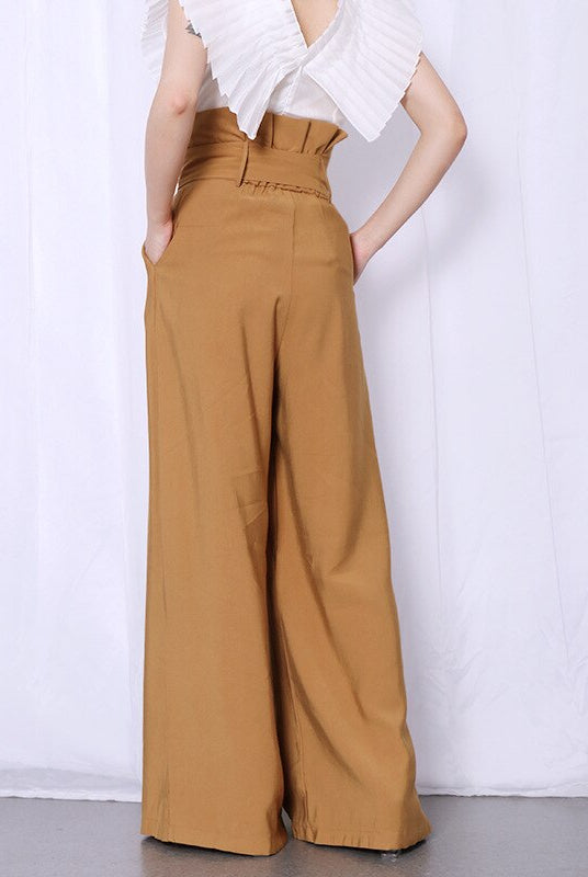 Casual Loose Women Full Length Pants High Waist Ruffle Pleated Wide Leg Pant