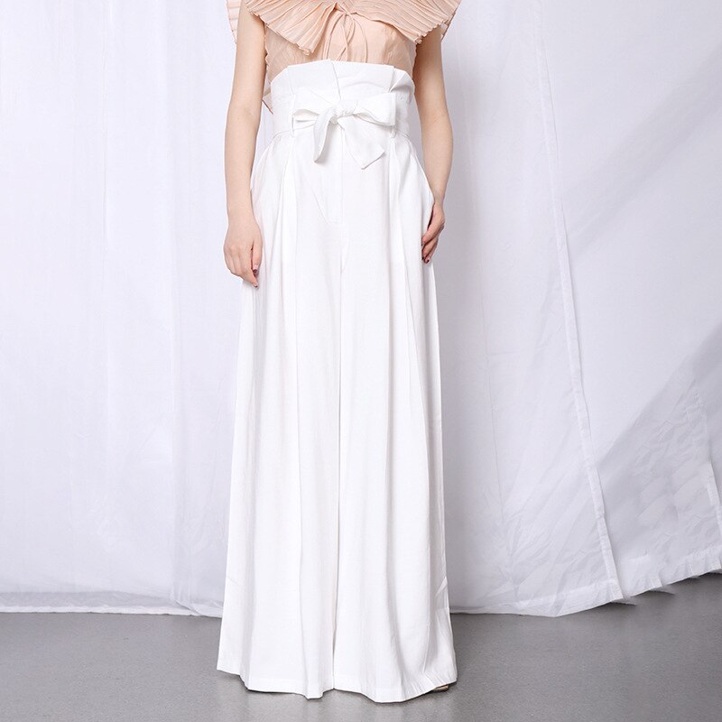 Casual Loose Women Full Length Pants High Waist Ruffle Pleated Wide Leg Pant