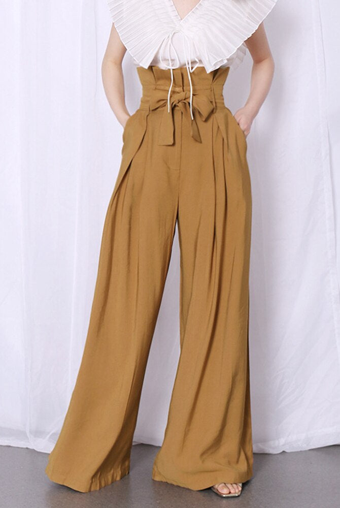 Casual Loose Women Full Length Pants High Waist Ruffle Pleated Wide Leg Pant