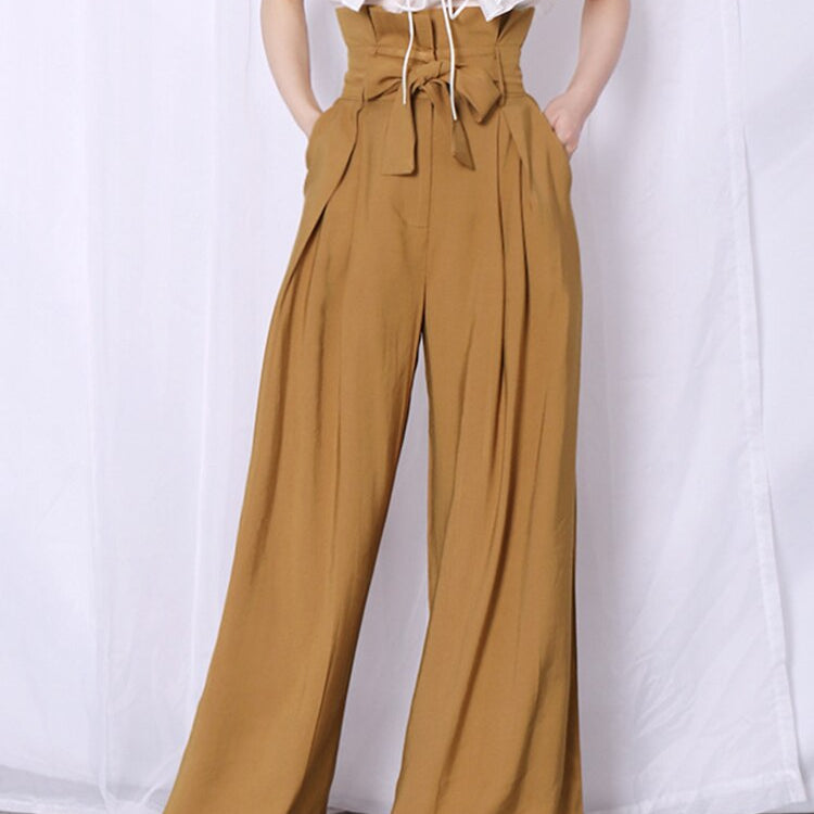 Casual Loose Women Full Length Pants High Waist Ruffle Pleated Wide Leg Pant