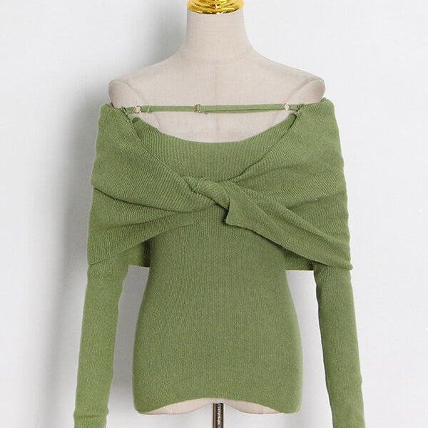 ASHORE Shop Casual Slim Knitted Pullovers For Women Slash Neck Long Sleeve Elegant Sweater