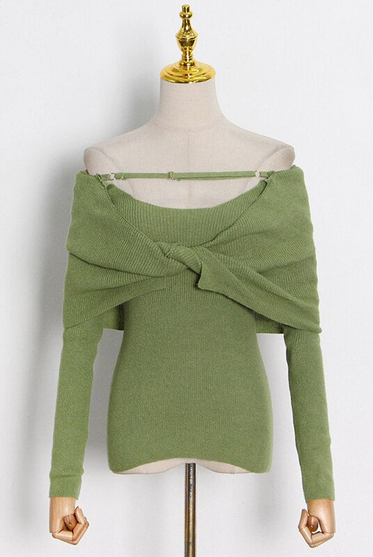 ASHORE Shop Casual Slim Knitted Pullovers For Women Slash Neck Long Sleeve Elegant Sweater