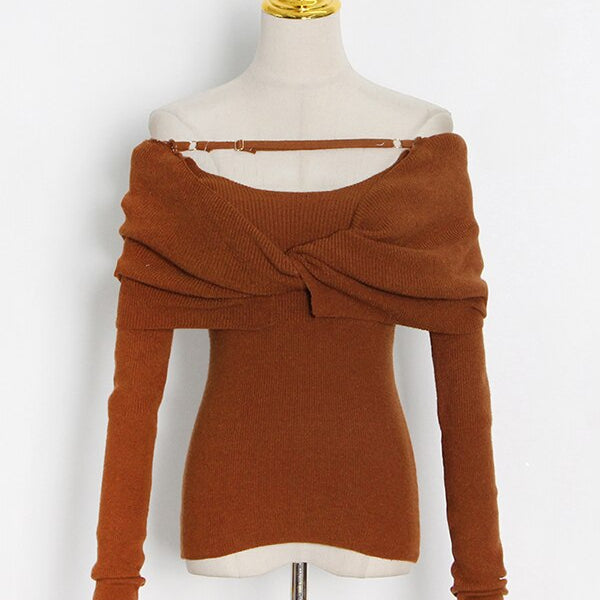 ASHORE Shop Casual Slim Knitted Pullovers For Women Slash Neck Long Sleeve Elegant Sweater