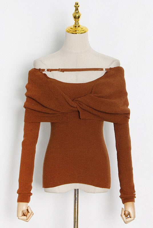 ASHORE Shop Casual Slim Knitted Pullovers For Women Slash Neck Long Sleeve Elegant Sweater