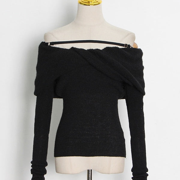 ASHORE Shop Casual Slim Knitted Pullovers For Women Slash Neck Long Sleeve Elegant Sweater
