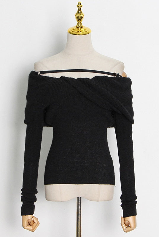 ASHORE Shop Casual Slim Knitted Pullovers For Women Slash Neck Long Sleeve Elegant Sweater