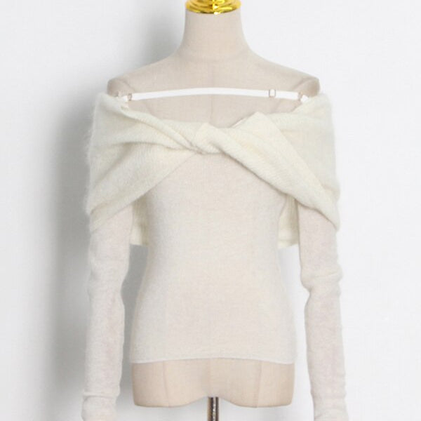 ASHORE Shop Casual Slim Knitted Pullovers For Women Slash Neck Long Sleeve Elegant Sweater