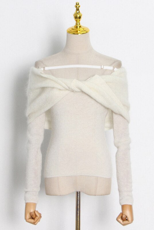 ASHORE Shop Casual Slim Knitted Pullovers For Women Slash Neck Long Sleeve Elegant Sweater