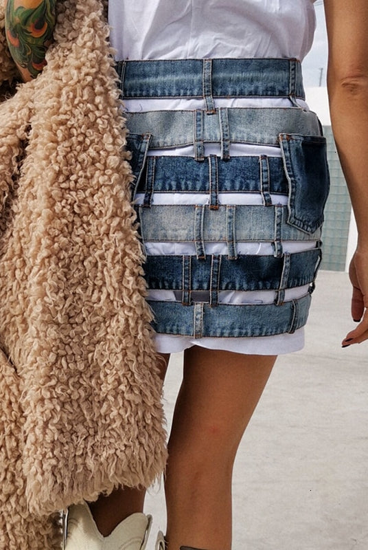 ASHORE SHOP Patchwork Skirt Womens Hollow Out Skirt Summer Contrast Denim Skirt Skinny Button Mini Sk