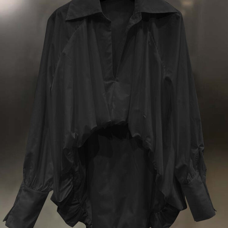 ASHORE SHOP White Casual Irregular Hem Shirt For Women V Neck Long Sleeve Solid Asymmetrical Blouses Female Autumn Clothing New