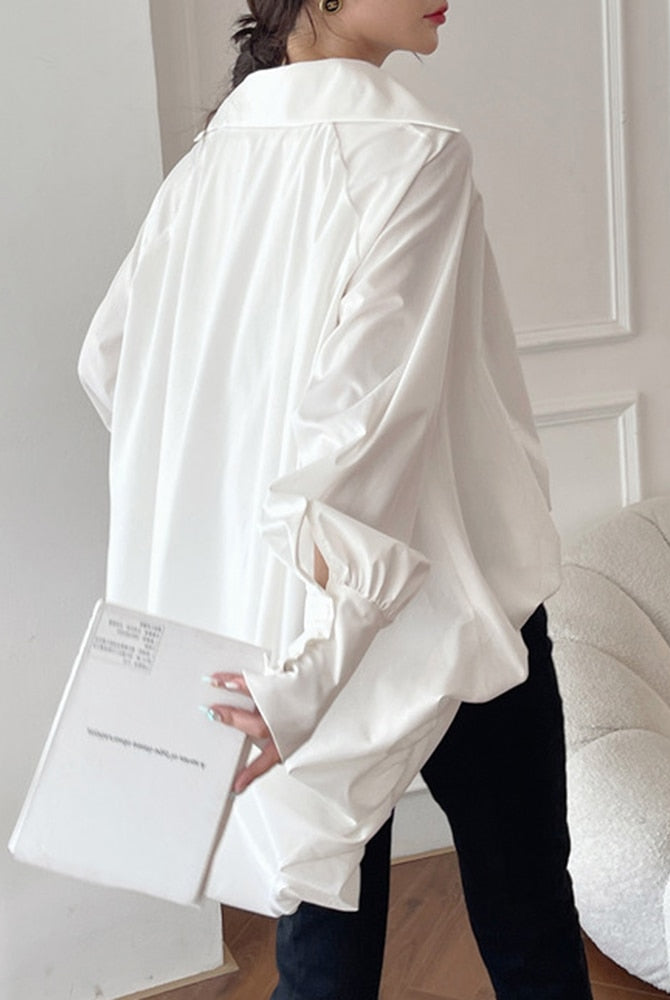 ASHORE SHOP White Casual Irregular Hem Shirt For Women V Neck Long Sleeve Solid Asymmetrical Blouses Female Autumn Clothing New