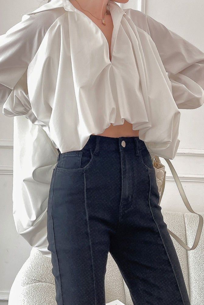 ASHORE SHOP White Casual Irregular Hem Shirt For Women V Neck Long Sleeve Solid Asymmetrical Blouses Female Autumn Clothing New