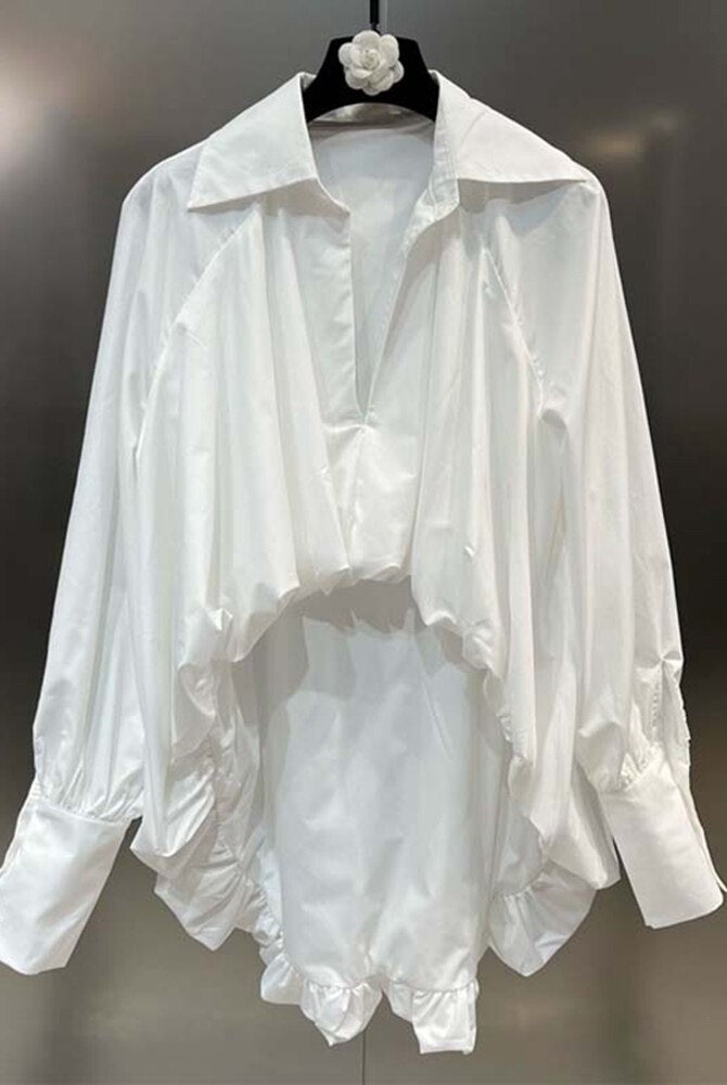 ASHORE SHOP White Casual Irregular Hem Shirt For Women V Neck Long Sleeve Solid Asymmetrical Blouses Female Autumn Clothing New