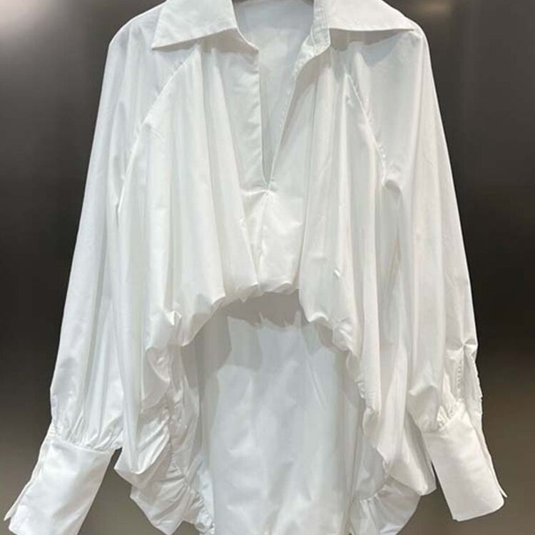 ASHORE SHOP White Casual Irregular Hem Shirt For Women V Neck Long Sleeve Solid Asymmetrical Blouses Female Autumn Clothing New