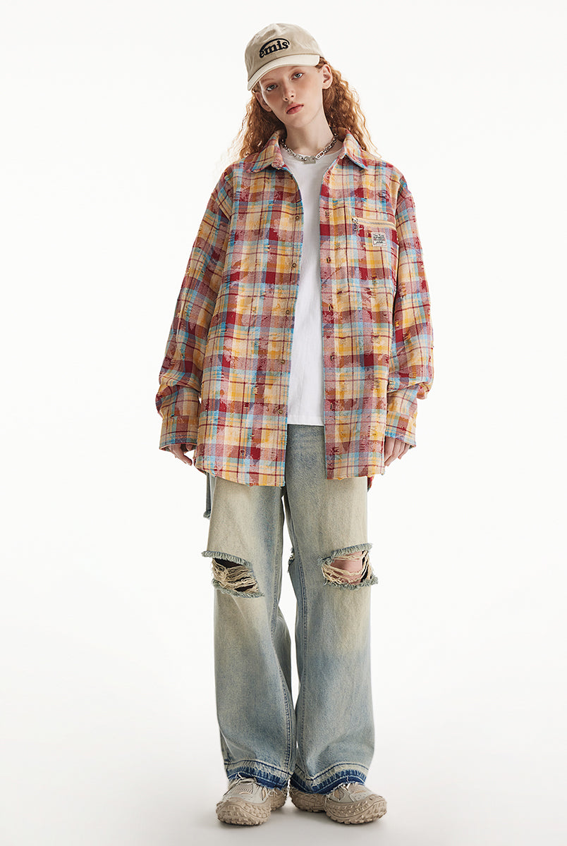 Unisex plaid long-sleeved shirt for women spring Loose plaid shirts top for men and women5