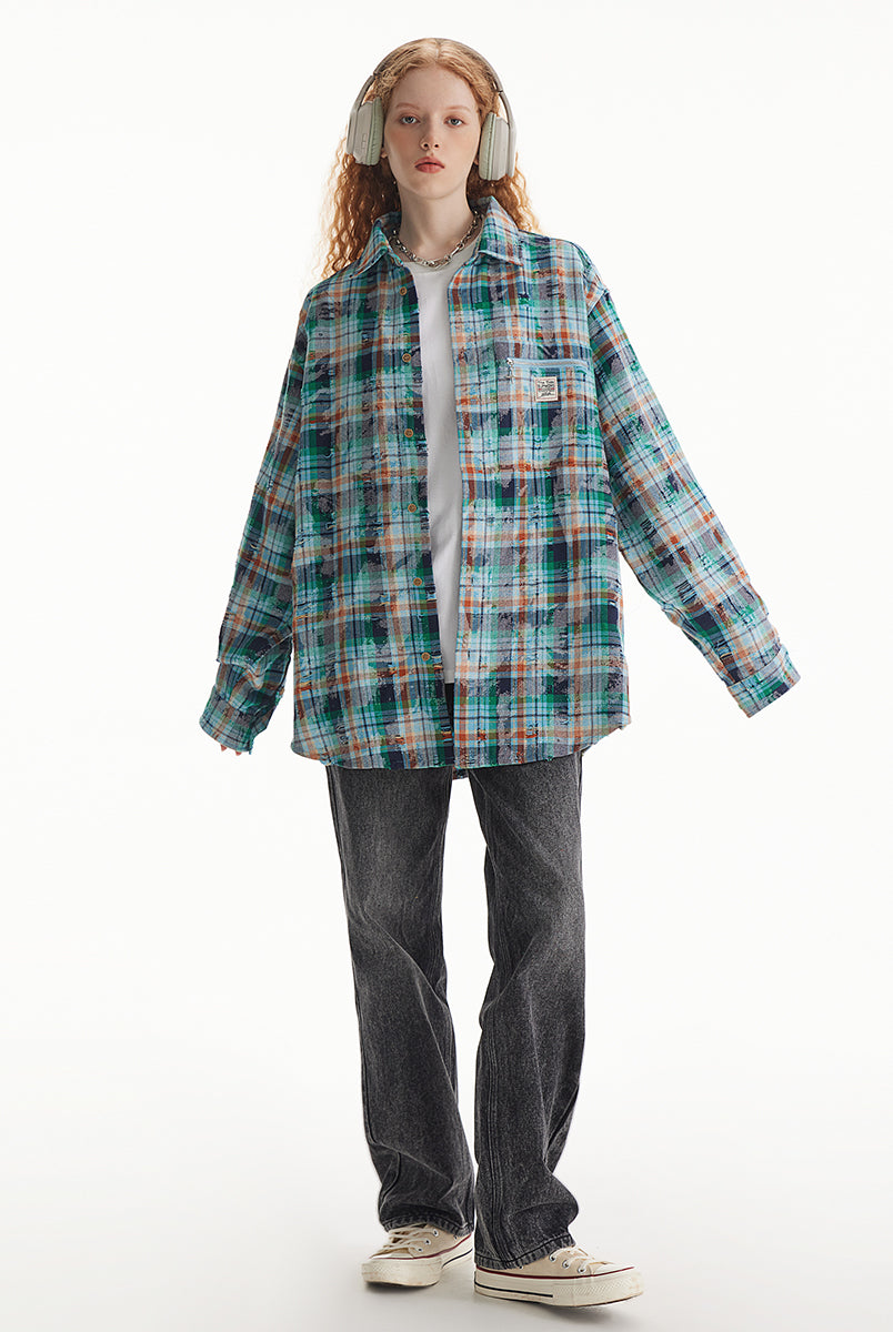 Unisex plaid long-sleeved shirt for women spring Loose plaid shirts top for men and women6