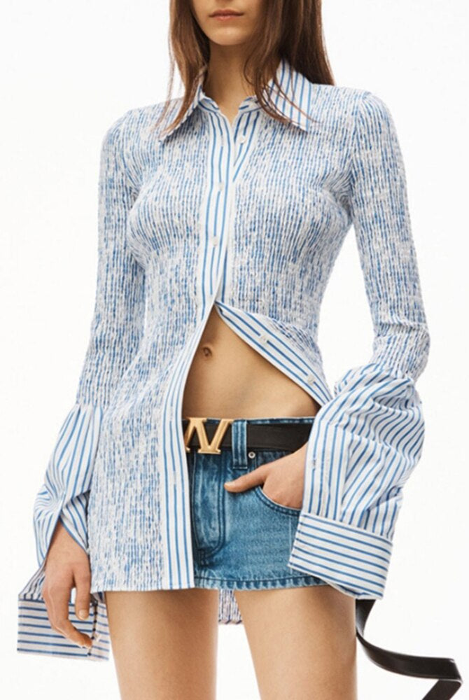 ASHORE SHOP Stitching Shaped Shirit For Women Lapel Collar Flare Sleeve Button Through Patchwork Folds Blouses Female Spring Clothing