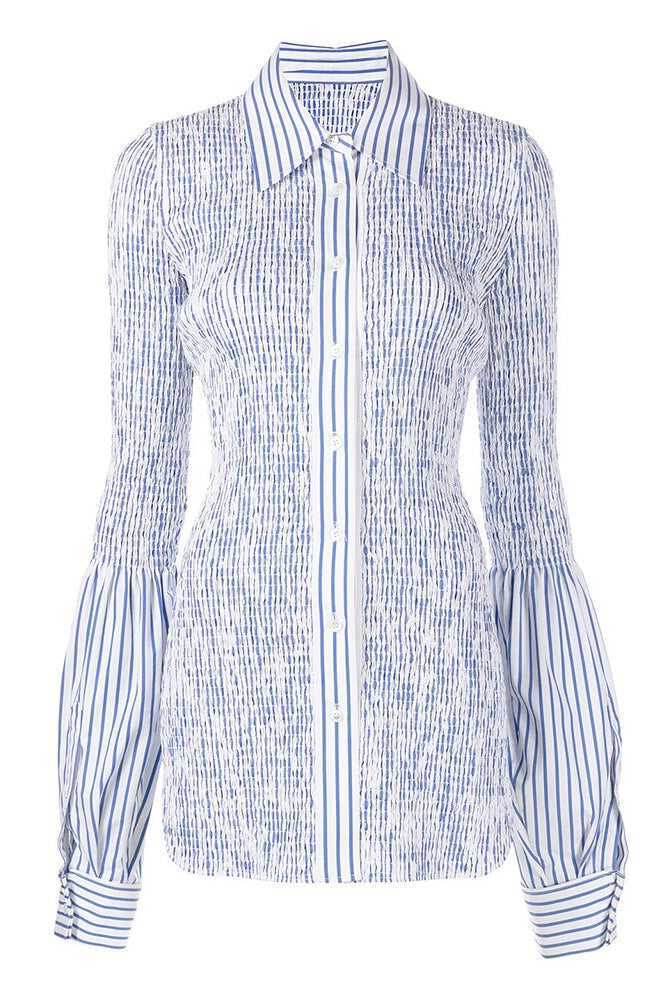 ASHORE SHOP Stitching Shaped Shirit For Women Lapel Collar Flare Sleeve Button Through Patchwork Folds Blouses Female Spring Clothing