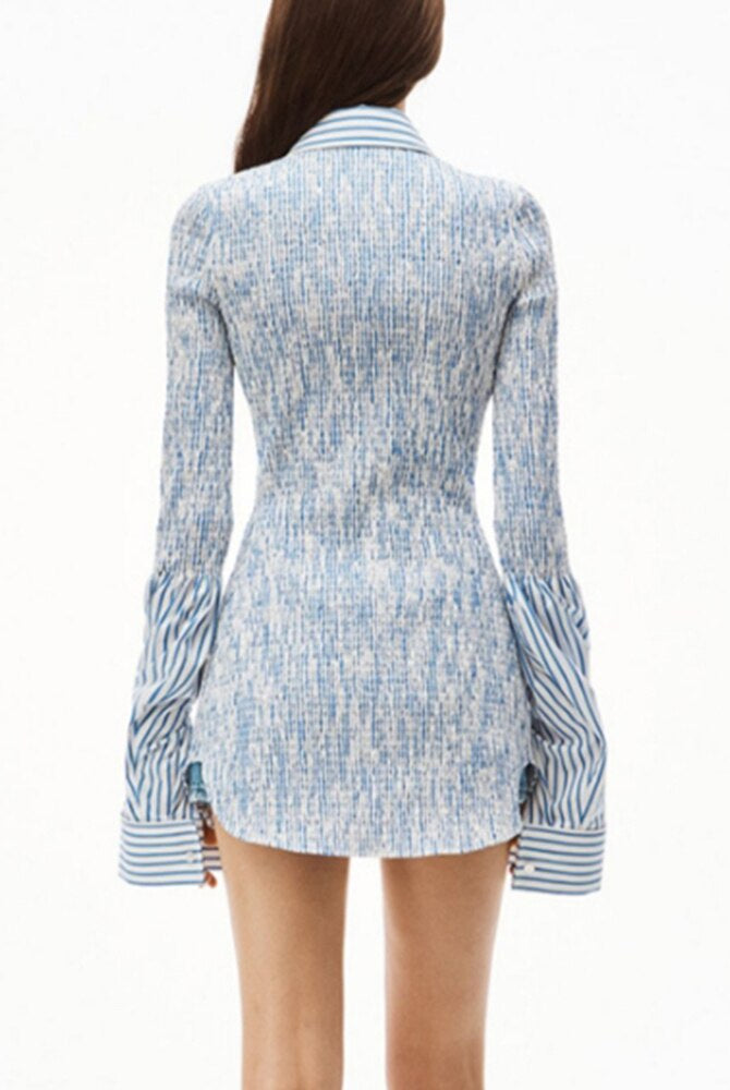 ASHORE SHOP Stitching Shaped Shirit For Women Lapel Collar Flare Sleeve Button Through Patchwork Folds Blouses Female Spring Clothing