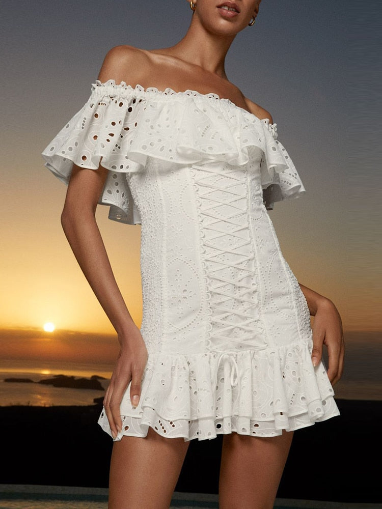 ASHORE SHOP Off Shoulder Strapless Dresses For Women Slash Neck Butterfly Sleeve High Wasit Patchwork Ruffles Mini Slimming Dress Female