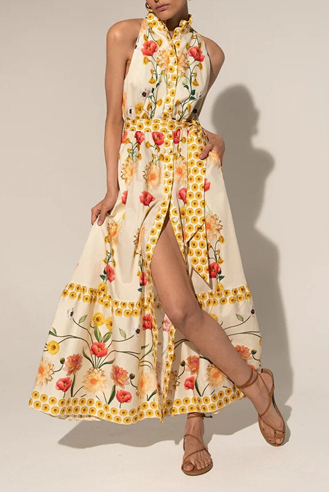 Ashore vacation SHOP Sleeveless Long Dress For Women Halter High Waist Hit Color