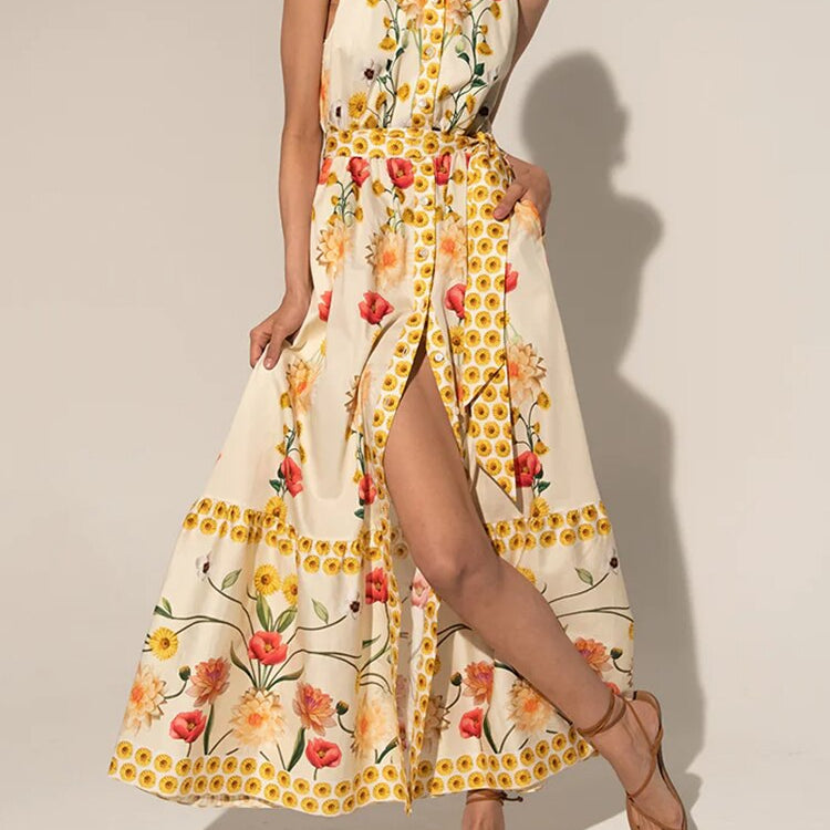 Ashore vacation SHOP Sleeveless Long Dress For Women Halter High Waist Hit Color