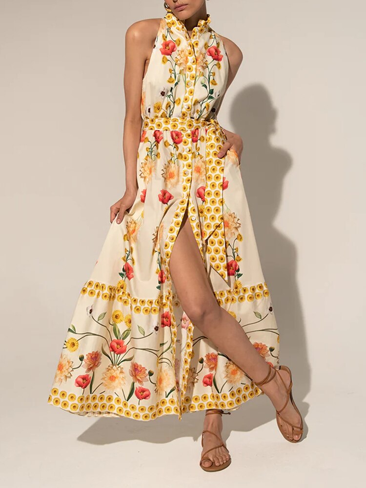 Ashore vacation SHOP Sleeveless Long Dress For Women Halter High Waist Hit Color