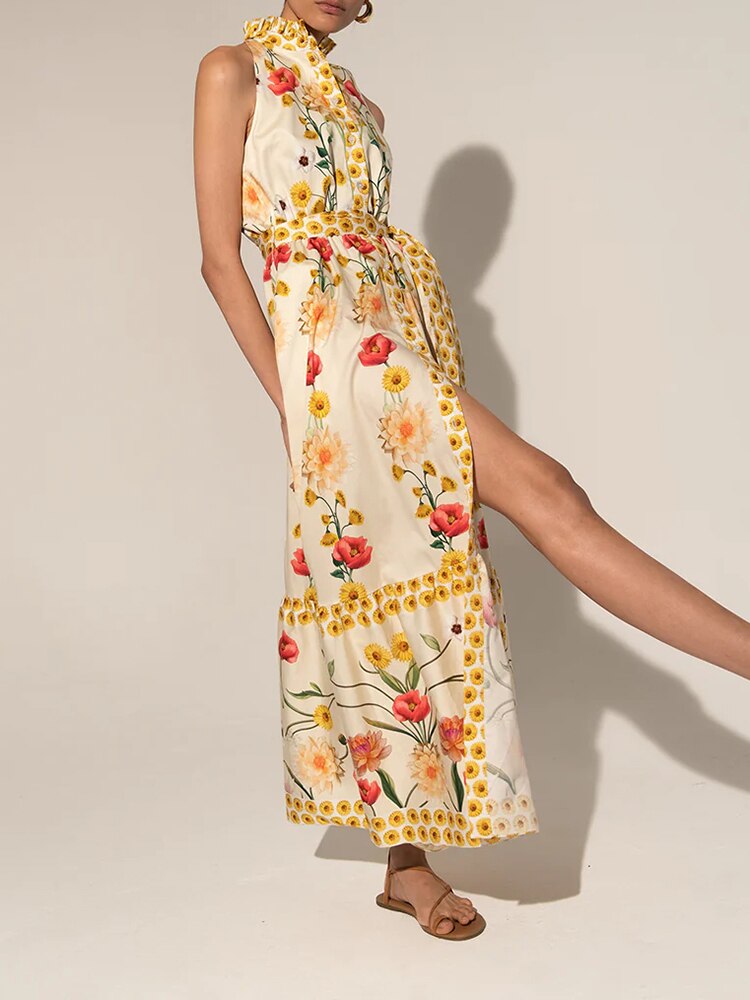 Ashore vacation SHOP Sleeveless Long Dress For Women Halter High Waist Hit Color