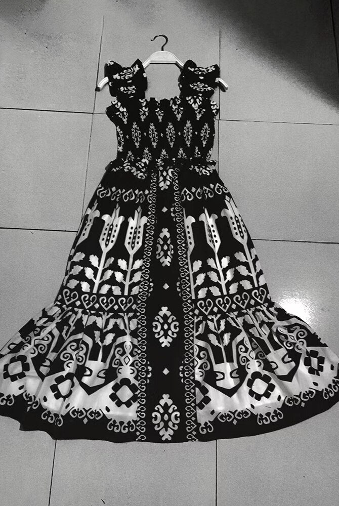 Spring Summer Long Dress For Women Square Collar Sleeveless Backless High Waist Colorblock Print Camisole Dresses Female Clothing