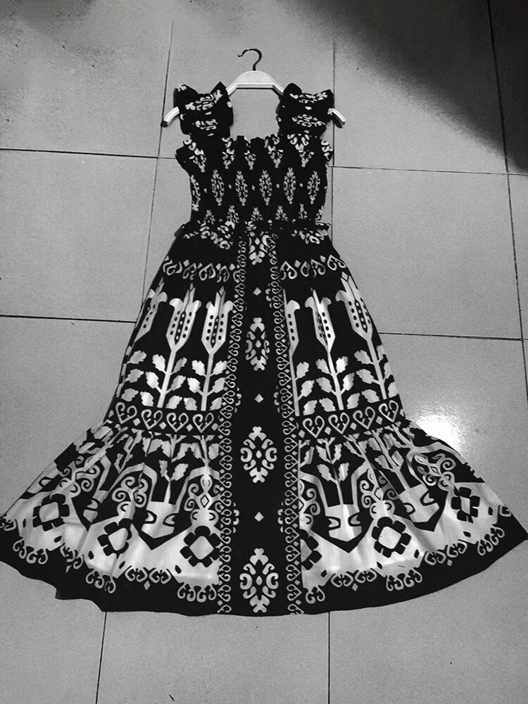 Spring Summer Long Dress For Women Square Collar Sleeveless Backless High Waist Colorblock Print Camisole Dresses Female Clothing